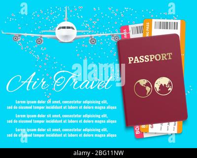 Air travel banner with world map airplane passport - international vacation background. Vector illustration Stock Vector