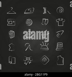Hand drawn white linear fabric, sewing, tailor, knitting icons on chalkboard. Vector illustration Stock Vector