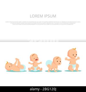 First babys steps banner design - cute baby background. Toddler baby walk vector, kid infant cartoon illustration Stock Vector