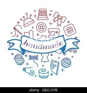 Bright handmade work round concept with line icons and banner. Handmade badge emblem banner, vector illustration Stock Vector