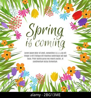 Beautiful spring vector background with early garden and forest flowers and floral frame. Garden with flower and plant card banner illustration Stock Vector