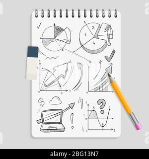 Business graphics pencil sketches on realistic notebook with eraser and pencil - brainstorm concept. Sketch business graphic doodle, pencil drawing diagram on notepad. Vector illustration Stock Vector