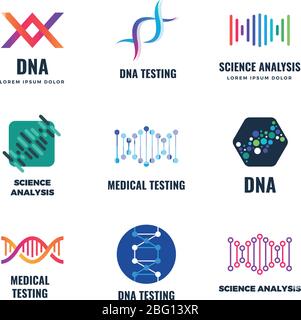 Dna code biotech vector science genetics logo. Helix molecule biotechnology emblems with dna gene spiral, biotechnology genome chromosome. Vector illu Stock Vector