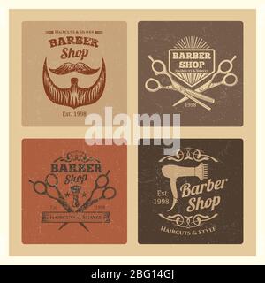 Grunge vintage barber shop labels vector design. Set of retro emblems illustration Stock Vector