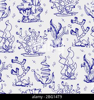 Doodle seaweeds and coralls seamless pattern background hand drawn. Vector illustration Stock Vector