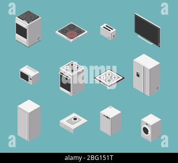 Domestic and kitchen appliances isometric vector icons set. Kitchen domestic cooker and electric oven refrigerator illustration Stock Vector