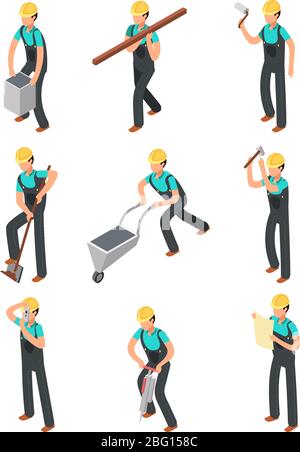 Builder workers, construction professionals isolated 3d people vector set. Worker professional builder, carpenter and workman illustration Stock Vector