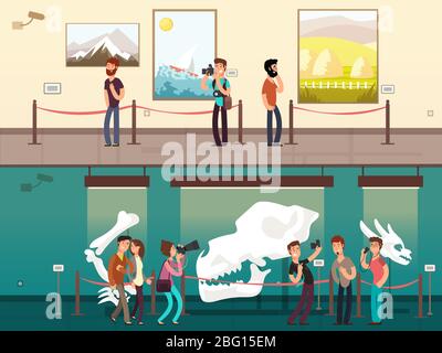 Cartoon museum gallery exhibition with painting, science exhibits and people visitors vector illustration. Museum exhibition picture and exposition cu Stock Vector