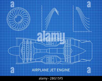 Airplane jet engine with turbine vector blueprint design. Illustration of air engine and turbine plan drawing blueprint Stock Vector