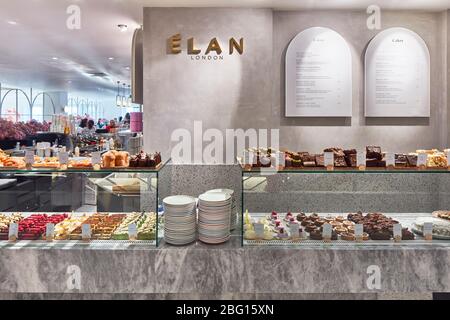 Food display front on. EL&N Café Selfridges, London, United Kingdom. Architect: Holland Harvey Architects , 2018. Stock Photo