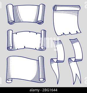 Hand drawn sketch of scrolls and ribbons. Ribbon scroll decoration sketch vintage, vector illustration Stock Vector