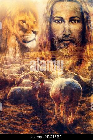 Jesus The Good Shepherd, Jesus and lambs and lion. Stock Photo