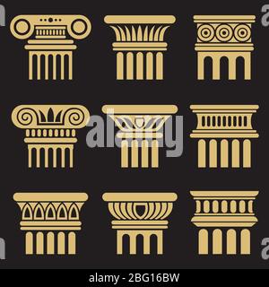 Set of golden ancient rome architecture column icons. Vector illustration Stock Vector