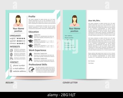 Modern style female resume and cover letter template. Vector illustration Stock Vector