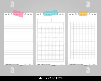 Ripped lined notebook pages templates for notes or memo. Vector illustration Stock Vector