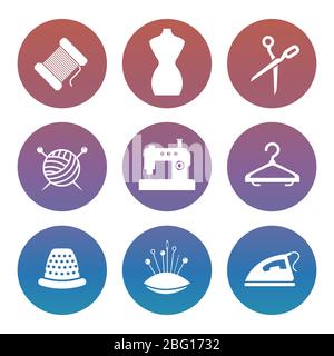 Sewing or tailor shop silhouette icons set in round. Vector ...