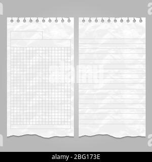 Wrinkled ripped lined page or sheet paper templates for notes or memo. Vector illustration Stock Vector