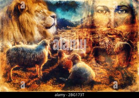 Jesus The Good Shepherd, Jesus and lambs and lion. Stock Photo