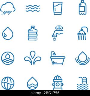 Crystal clean water drops, fresh drinks and hygiene line vector icons. Water drop and drink pure illustration Stock Vector