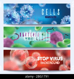 Microbiology and medical vector web banners with 3d bacteria and viruses. Virus and bacteria microbe medical illustration Stock Vector