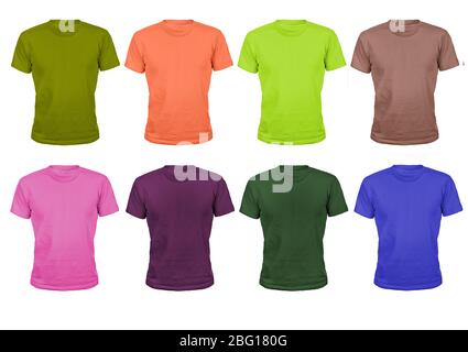 set of eight color cotton sports t-shirts isolated on white background Stock Photo