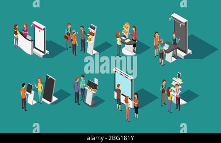 People standing at expo promotional stands vector 3d isometric set. Exhibition promotional and demonstration panel, promo desk for shop illustration Stock Vector