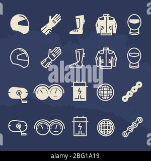 Line and outline auto parts and motorbike accessorises icons. Motorbike speed motor race, chain and shoes accessories. Vector illustration Stock Vector