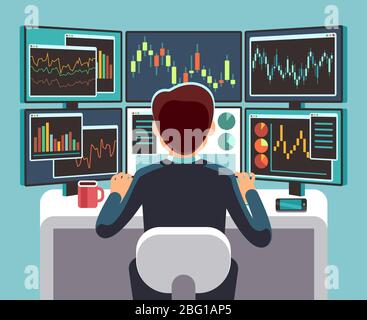 Stock market trader looking at multiple computer screens with financial and market charts. Business analysis vector concept. Broker and trader financial on work place illustration Stock Vector