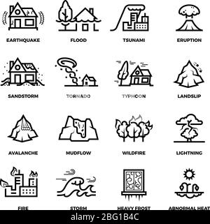Natural disaster accidents line vector icons and damage symbols. Hurricane and storm, fire and tsunami, flood and earthquake illustration Stock Vector