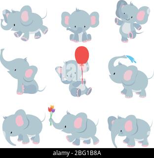 Cute cartoon baby elephants. Animals african safari animals vector set. Elephant african cartoon, happy friendly animal illustration