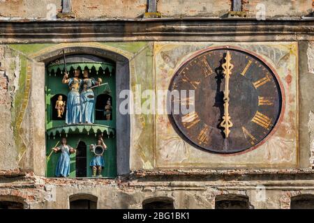 Clock and moving figures at Turnul cu Ceas (Clock Tower), Citadel in Sighisoara, Transylvania, Romania Stock Photo
