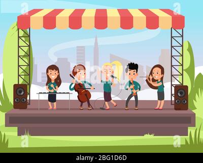 Kids music band playing on stage at outdoor festival vector illustration. Child concert performance on stage Stock Vector