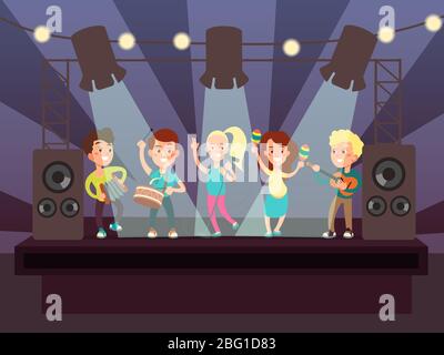 Music show with kids band playing rock on stage cartoon vector illustration. Music rock concert, musician kids with guitar performance Stock Vector