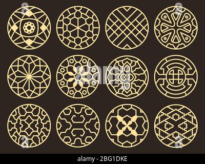 Korean and chinese traditional vector ancient buddhist patterns, ornaments and symbols. Asian round element pattern tattoo, illustration of symbolic f Stock Vector