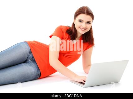 Beautiful young woman with laptop  isolated on white Stock Photo