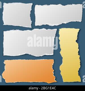 White torn paper pieces. Ripped notebook papers. Scrap material vector collection. Illustration of message notes Stock Vector