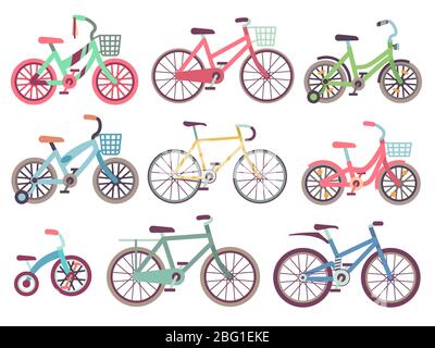 Urban family bikes flat vector set. Different bicycles collection. Urban bike and sport transport for family, transportation bicycle illustration Stock Vector