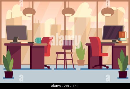 Corporate business office stylish modern interior vector illustration. Office workplace with table and computer Stock Vector