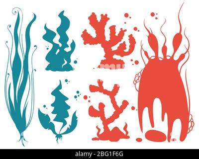 Underwater plants and corals silhouettes isolated on white background. Vector illustration Stock Vector
