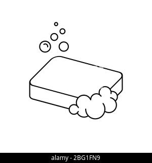 Isometric soap line icon. Soap bar outline with foam and soap bubbles. Wash your hands symbol. Hygiene and body care. Black on white background. Stock Vector