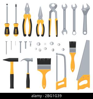 Construction hardware industrial tools vector flat icons. Illustration of saw and hammer, instrument for work and repair Stock Vector
