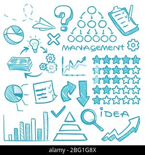 Hand drawn finance graphs and doodle business charts vector set. Chart and graph business sketch, diagram doodle with arrow drawing illustration Stock Vector
