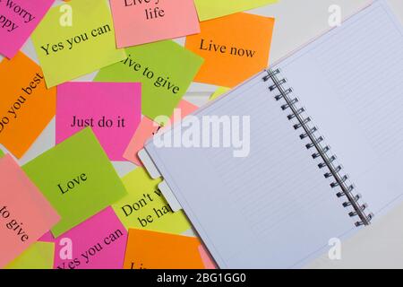 Motivational words on colorful stickers on white background. A vision Board. Copy space. Cards with words. Affirmation, development, training, seminar Stock Photo