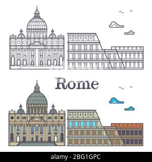 Famous Rome buildings - line cathedral and coliseum. Vector illustration Stock Vector