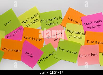 Motivational words on colorful stickers on white background. A vision Board. Cards with words. Affirmation, development, training, seminar. Plan, stra Stock Photo