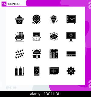 Group of 16 Modern Solid Glyphs Set for agriculture, medical, popcone, heart, beat Editable Vector Design Elements Stock Vector