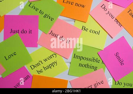 Motivational words on colorful stickers on white background. A vision Board. Cards with words. Affirmation, development, training, seminar. Plan, stra Stock Photo