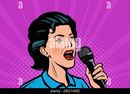 Woman with microphone. Retro comic pop art vector illustration Stock Vector