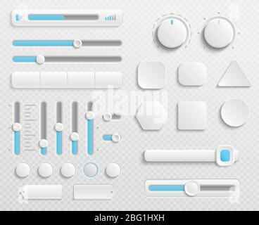 White web buttons and ui sliders vector set isolated on transparent background. Interface for web navigation and ui for video and music control illust Stock Vector