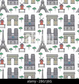Colorful flat Paris city landmarks seamless pattern background. Vector illustration Stock Vector